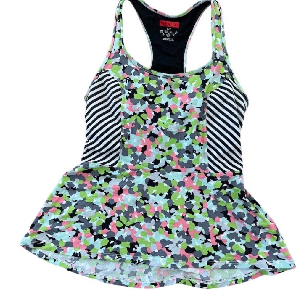 SPANX Tankini Top Womens Petite S Multicolor Floral Striped Peplum